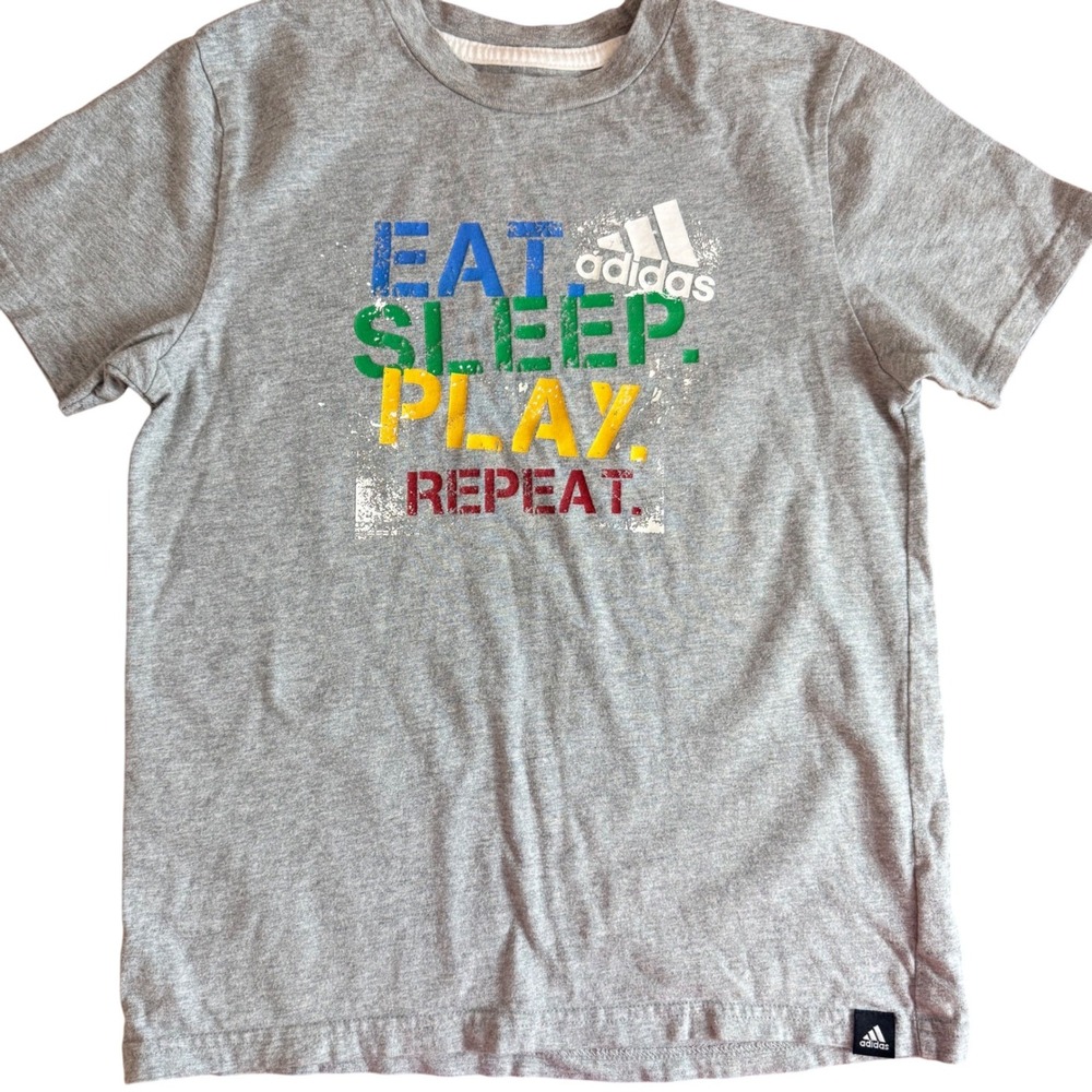 Adidas Kids Gray Eat Sleep Play Repeat Graphic T Shirt Size 7 Youth Short Sleeve